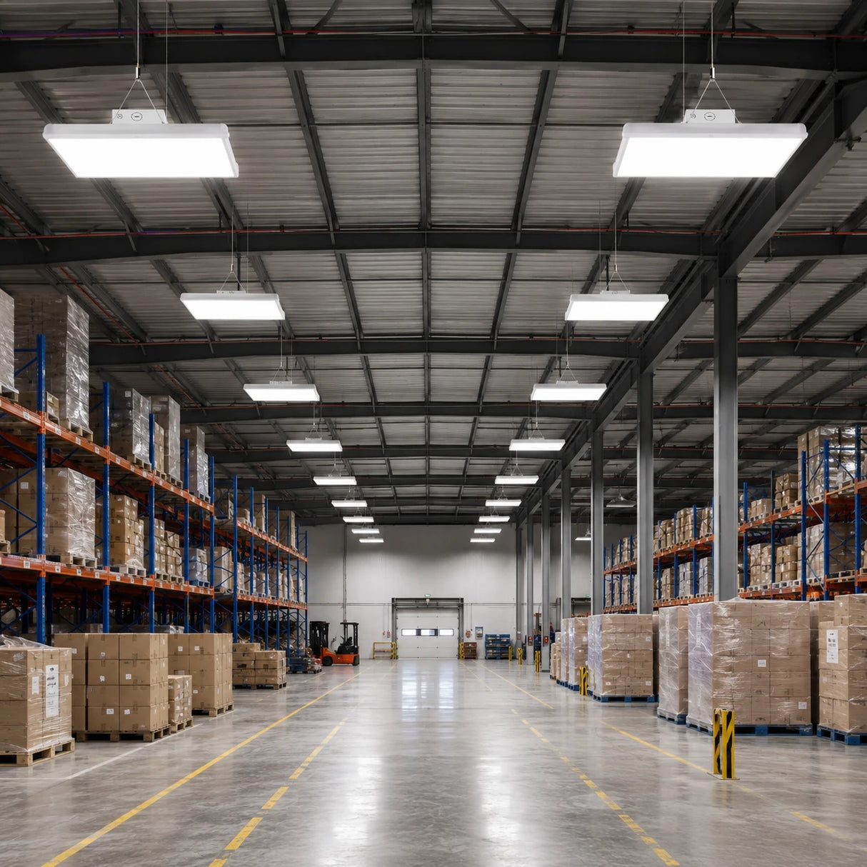 1.2FT LED linear high bay 130W illuminating wide warehouse aisle with blue pallet racks and loading dock, 20150lm DLC Premium