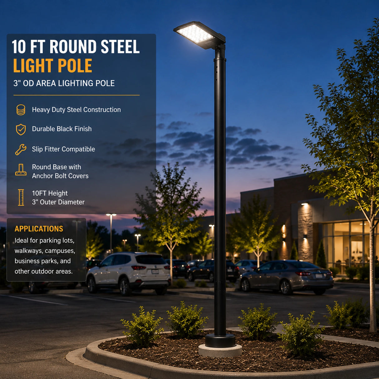 Black 10 ft round steel light pole with 3-inch OD for parking lot and area lighting