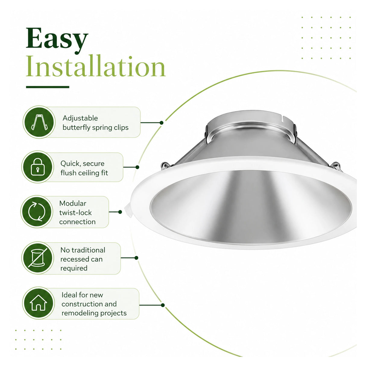 Round silver LED downlight trim with easy-install features, spring clips, and twist-lock connection