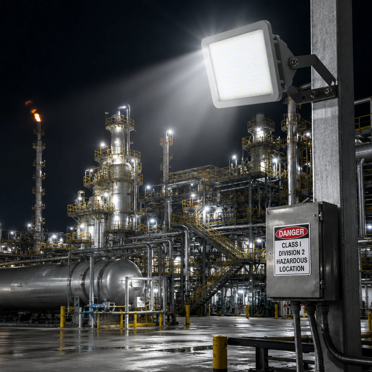 100W C1D2 explosion proof square flood light illuminating a nighttime refinery work area.
