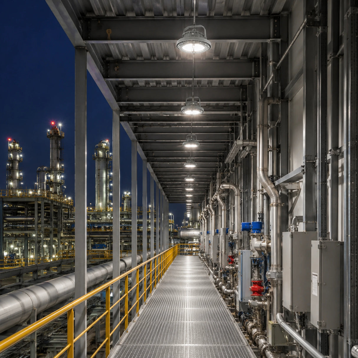 Row of 150W C1D1 round LED high bay lights delivering 21,000 lumens of 5000K illumination along a refinery walkway.