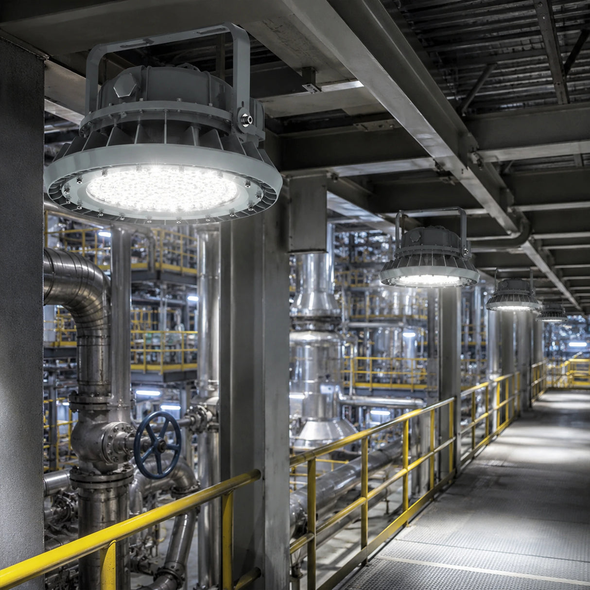 Row of 150W C1D2 LED high bay lights delivering 20,250 lumens of 5000K illumination along an industrial walkway.