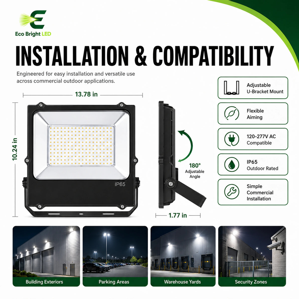 Installation and mounting details for 150W LED Flood Light 5000K IP65 for, including compatibility and wiring guidance.