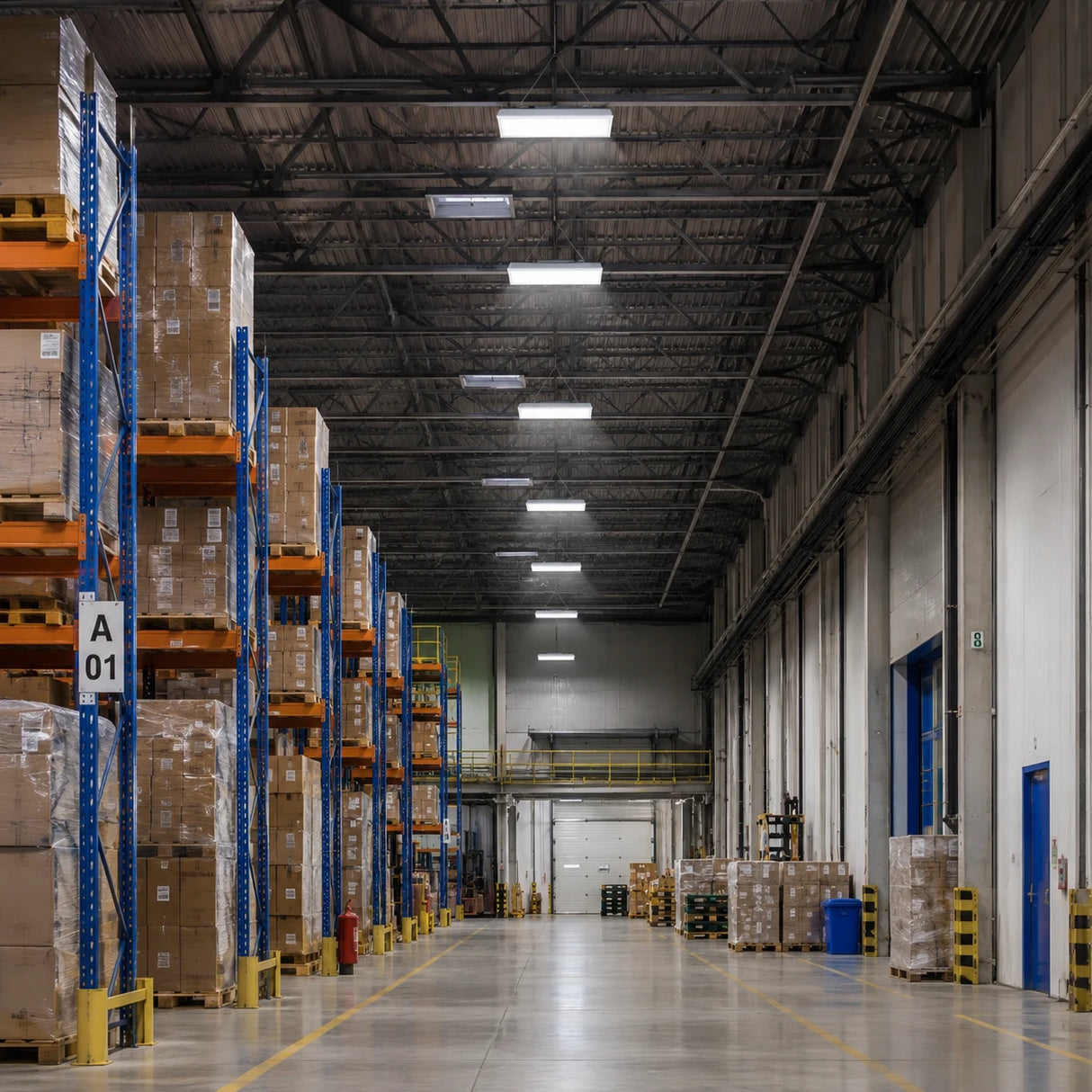 165W 24750lm selectable LED linear high bay lights illuminating a deep warehouse storage aisle with pallet racks.