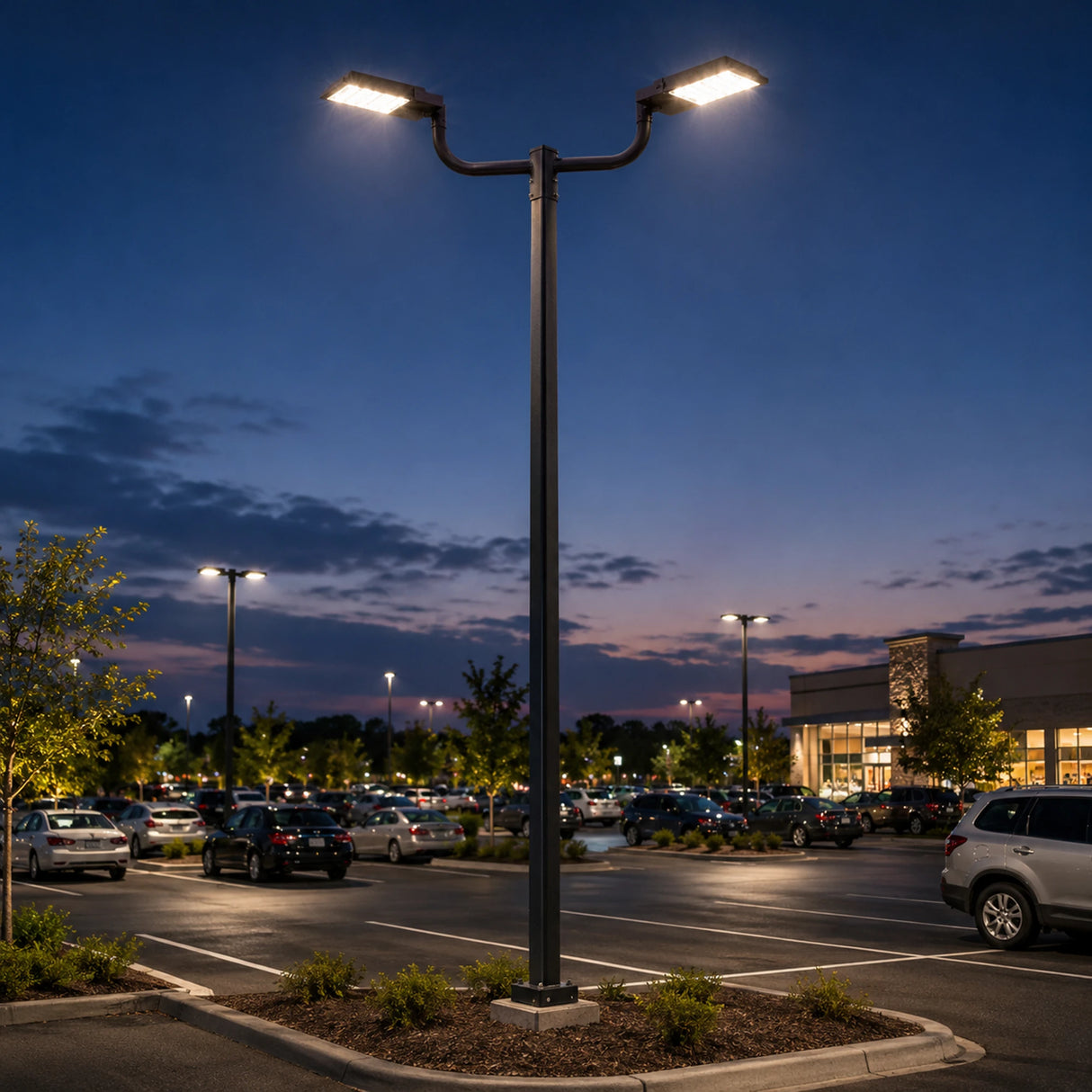 2-arm steel bullhorn bracket mounted on a pole with two area lights in a parking lot