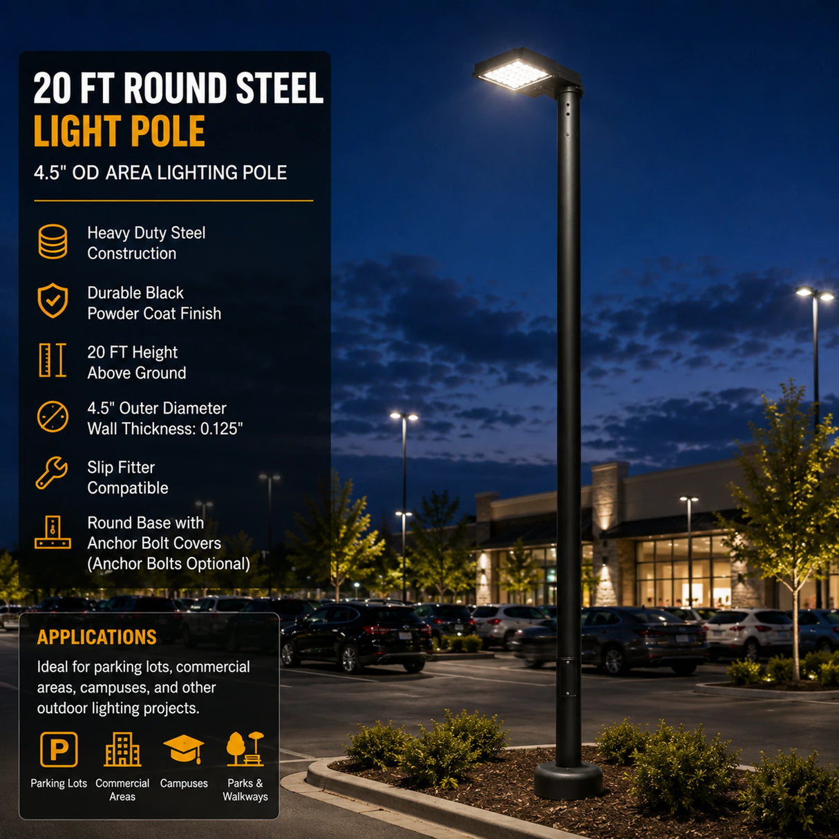 20 ft round steel light pole with black powder coat finish for parking lot and area lighting