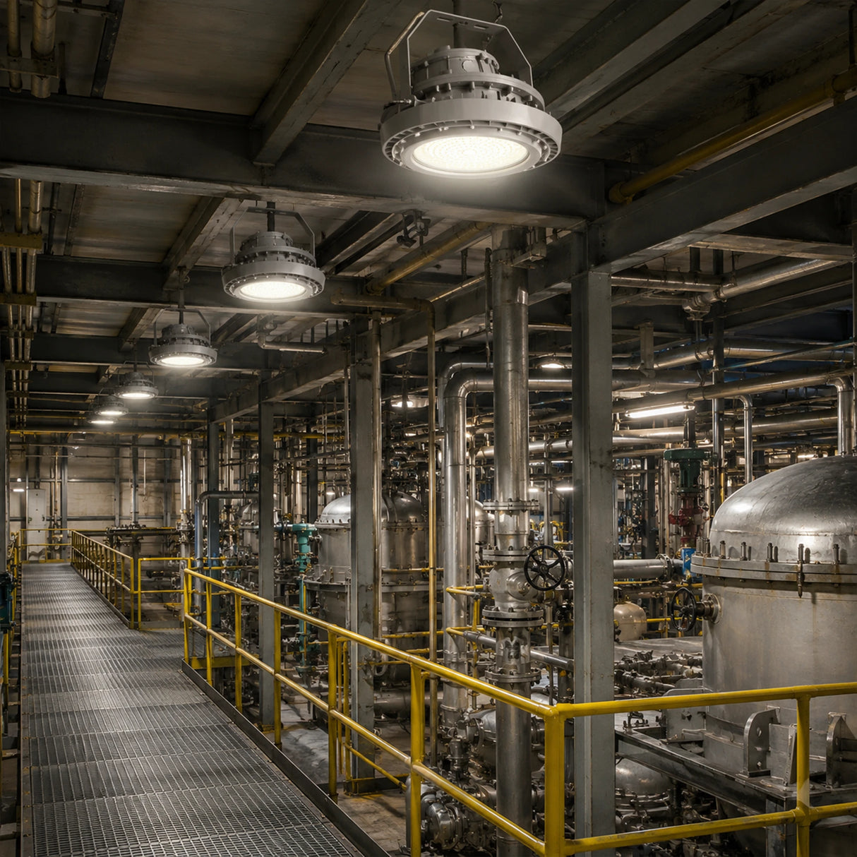 Row of 200W C1D1 round LED high bay lights delivering 28,000 lumens of 4000K illumination in a processing plant walkway.