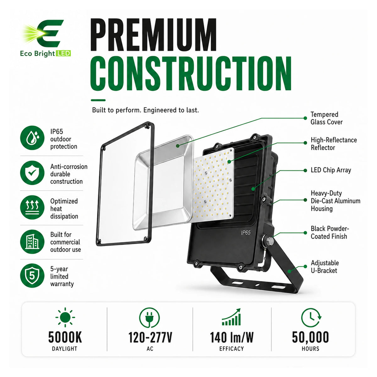 Housing, lens and construction details of 200W LED Flood Light 5000K IP65 for Commercial for durable commercial use.