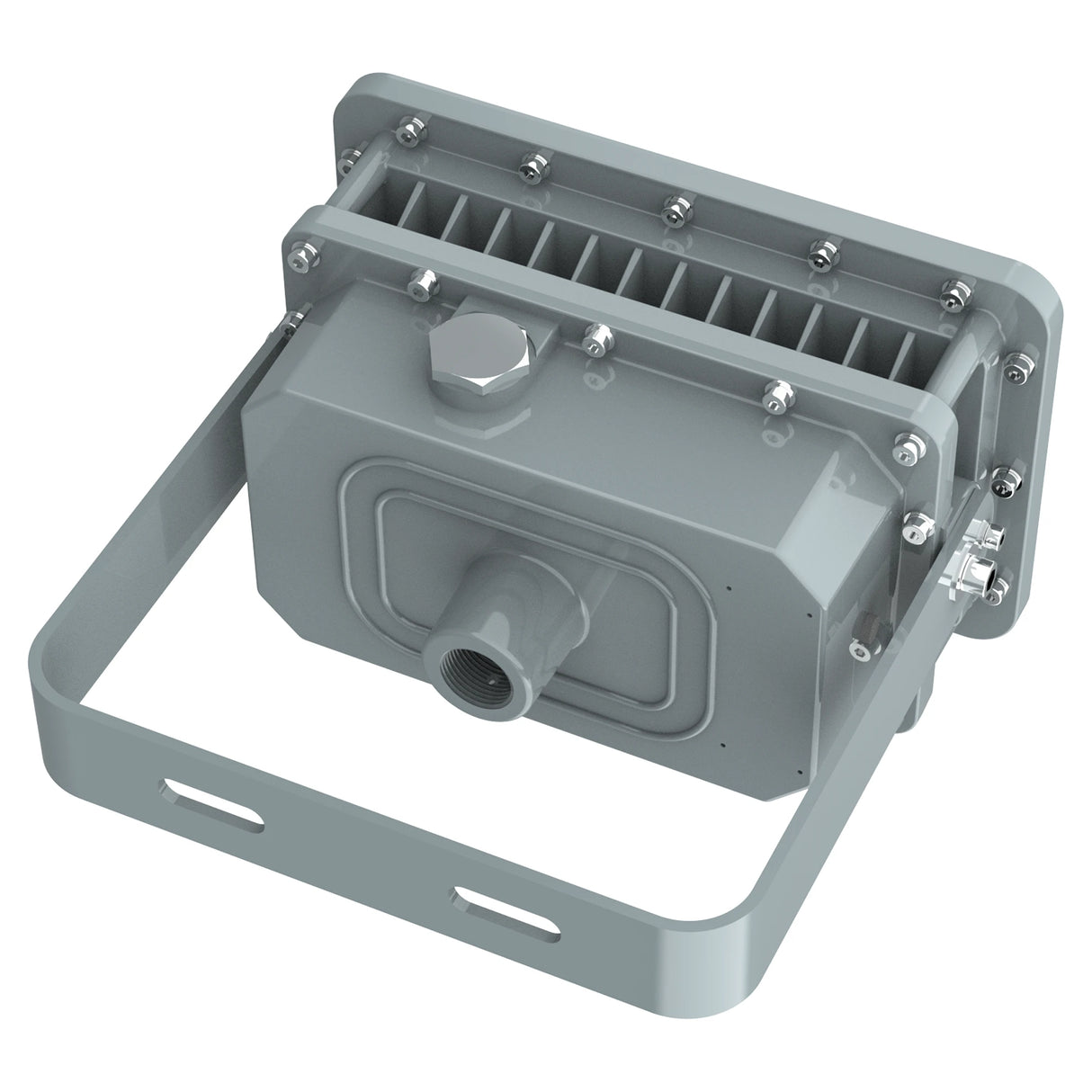Rear aluminum cooling fins of a 20W C1D2 LED square flood light designed for thermal protection in hazardous zones.