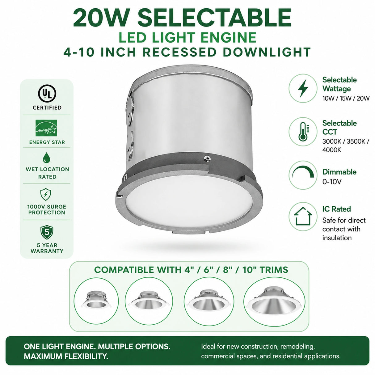 20W selectable LED light engine for 4 to 10 inch recessed downlights with 0-10V dimming and selectable CCT