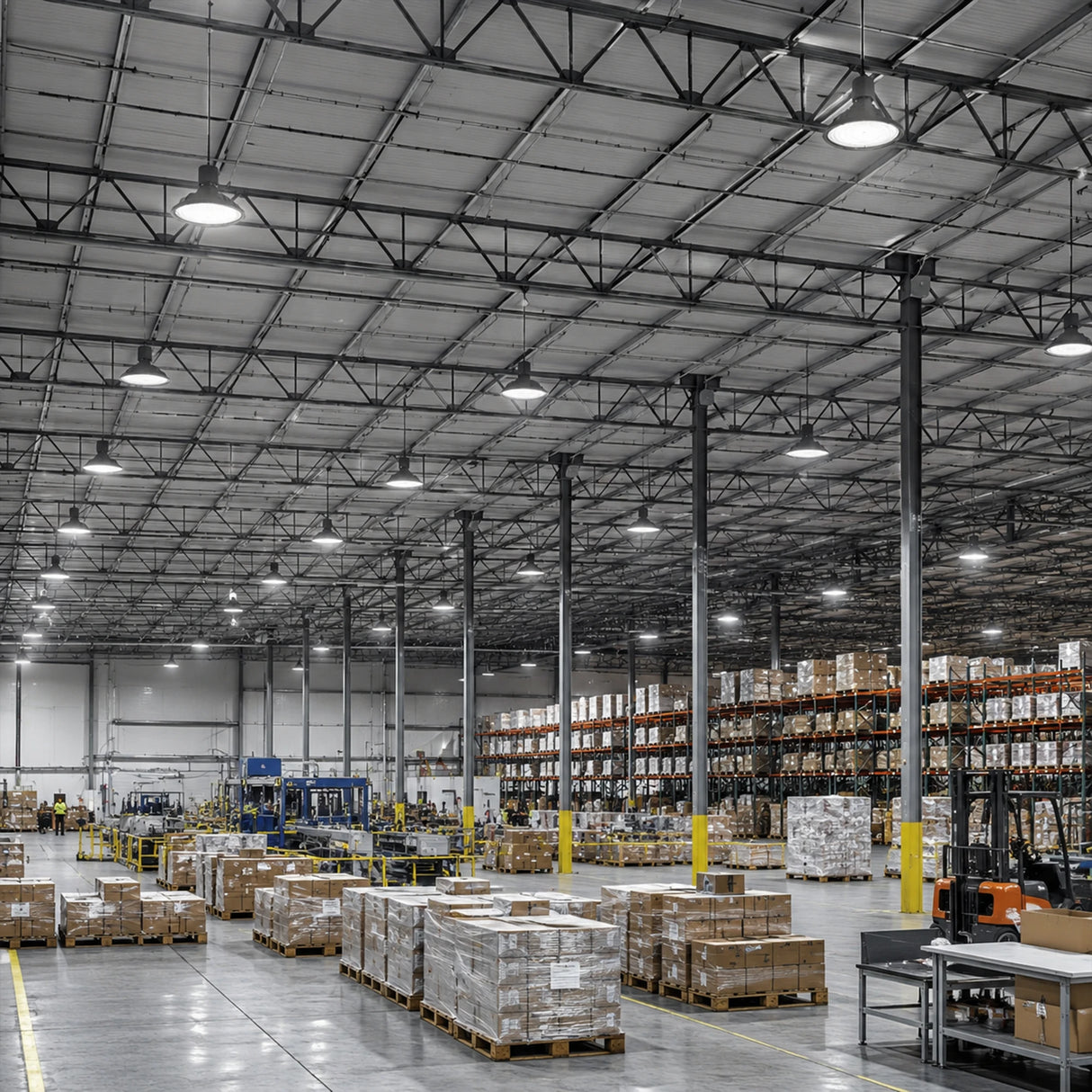 240W 36,240lm 5000K 277-480V UFO LED high bay lights illuminate a high-ceiling warehouse with pallet racks.