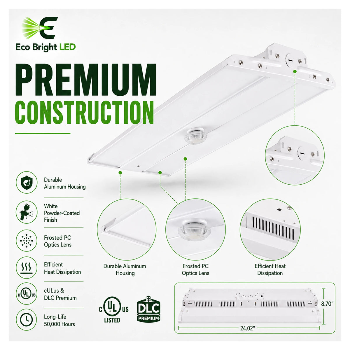 Housing, lens and construction details of 2FT LED Linear High Bay 110W-220W for Warehouse for durable commercial use.