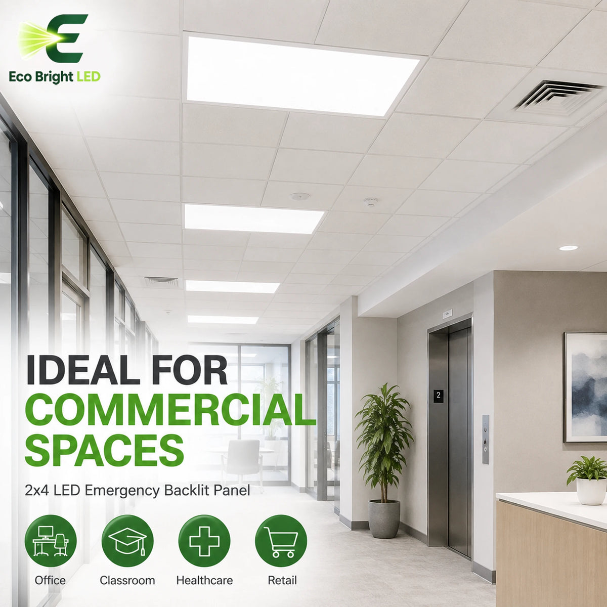 2x4 LED Emergency Backlit Panel shown in recommended commercial applications for efficient, reliable illumination.