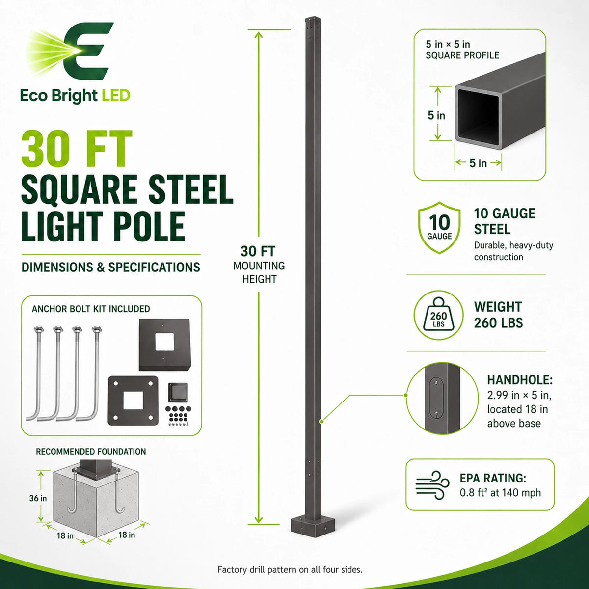 Dimensions and specifications for 30 Ft Square Steel Light Pole 5x5 10, including measurements and performance data.