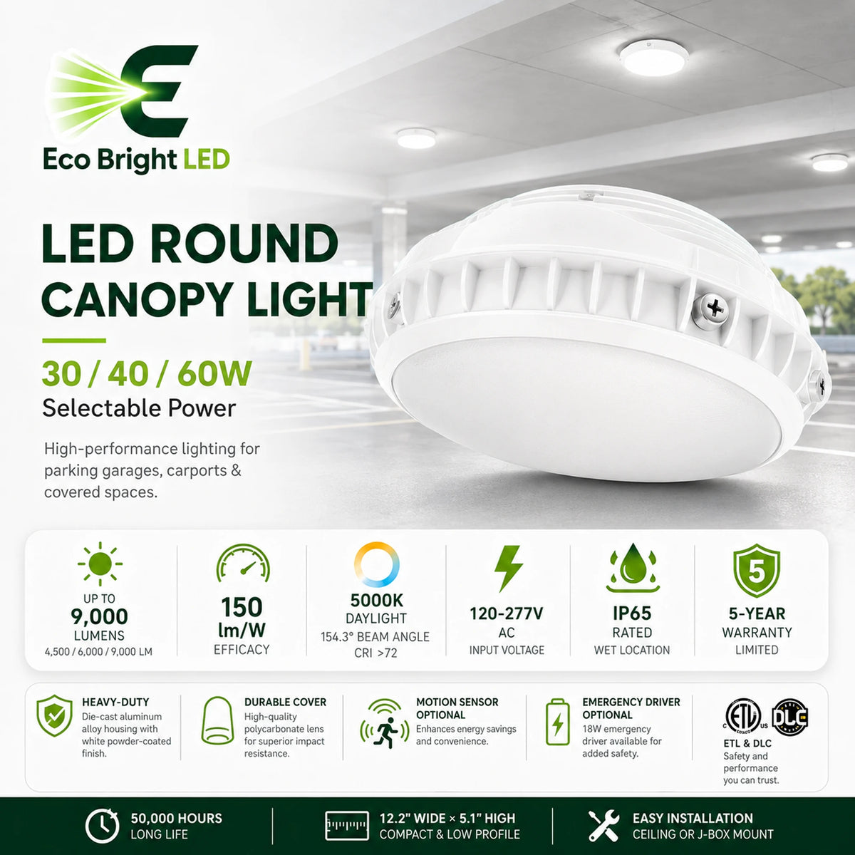 30/40/60W LED Round Canopy Light for product overview with key specifications for commercial lighting applications.