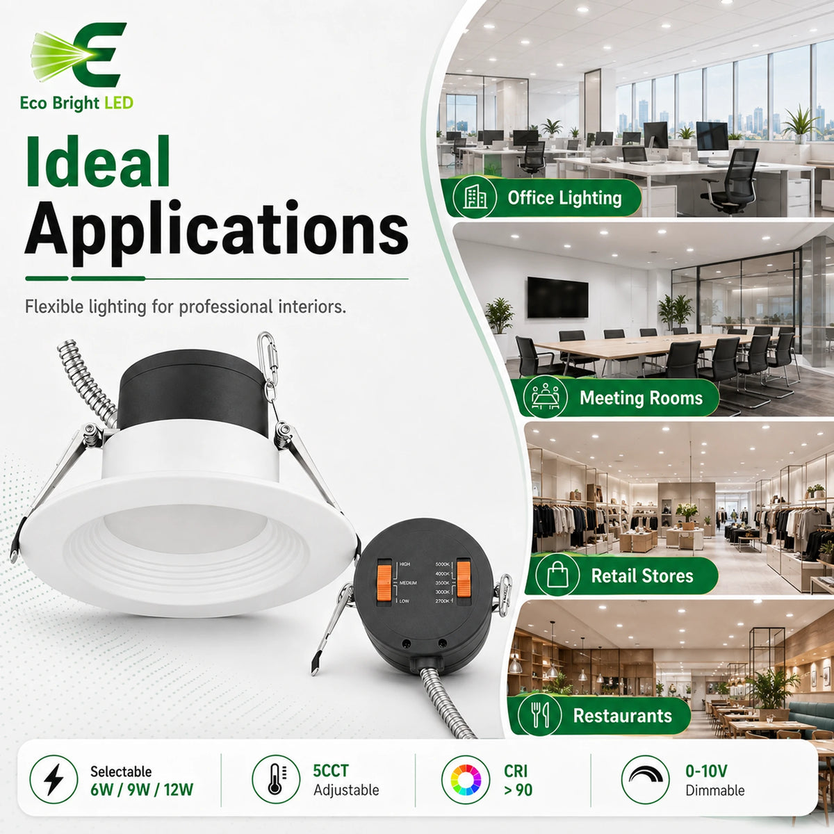 4 Inch Commercial LED Downlight shown in recommended commercial applications for efficient, reliable illumination.