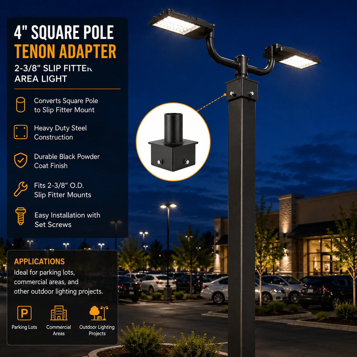 4 inch square pole tenon adapter with 2-3/8 slip fitter mount for area light installation