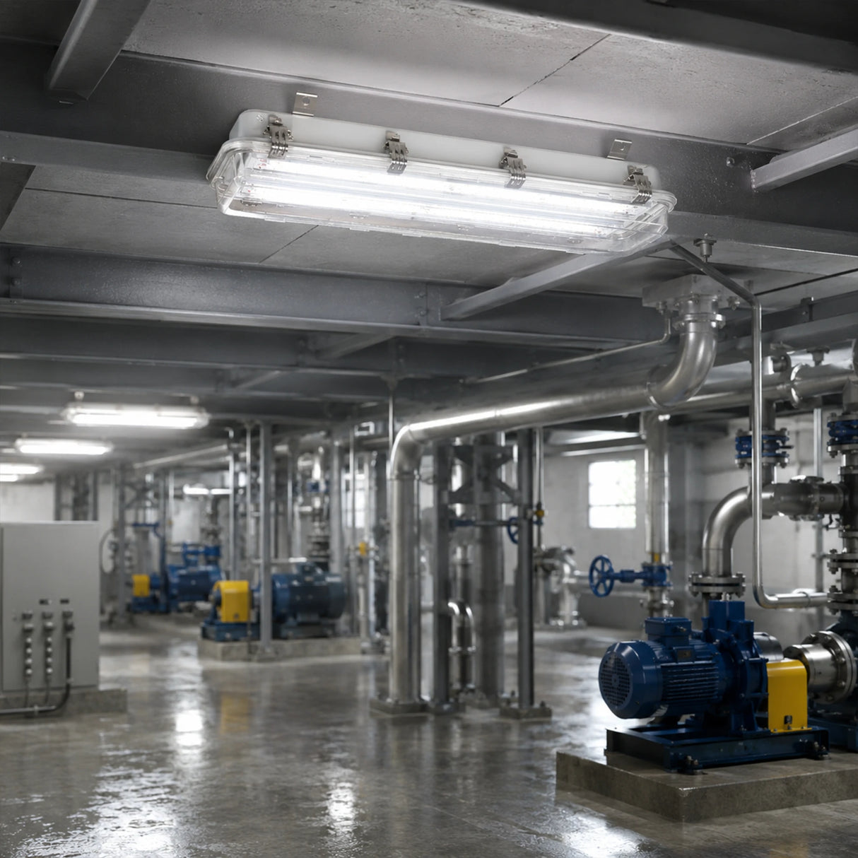 40W 5067lm 5000K C1D2 vapor-proof LED light ceiling mounted in a pump room with pipes and industrial equipment.