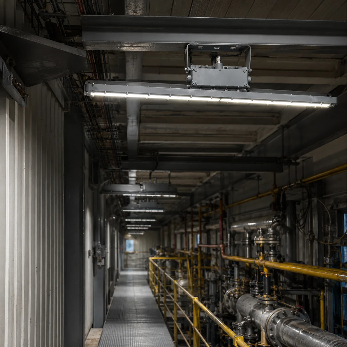 40W explosion proof linear light illuminating an industrial utility corridor with 4000K neutral white light.