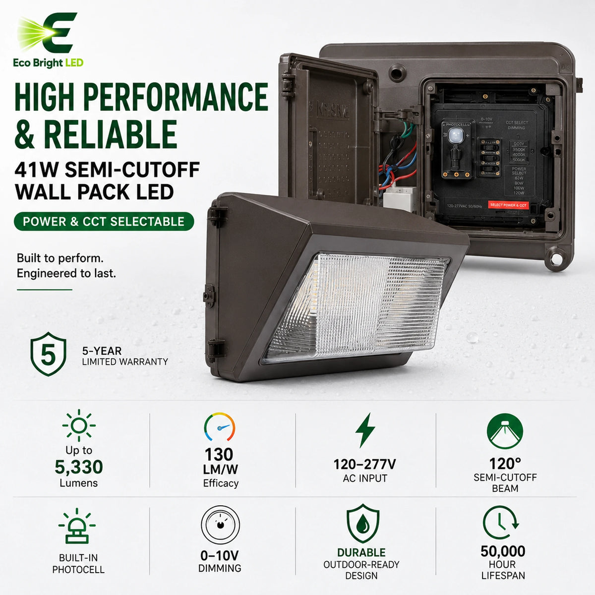 Key performance and design features of 41W LED Semi-Cutoff Wall Pack 5000K for Outdoor for commercial lighting projects.