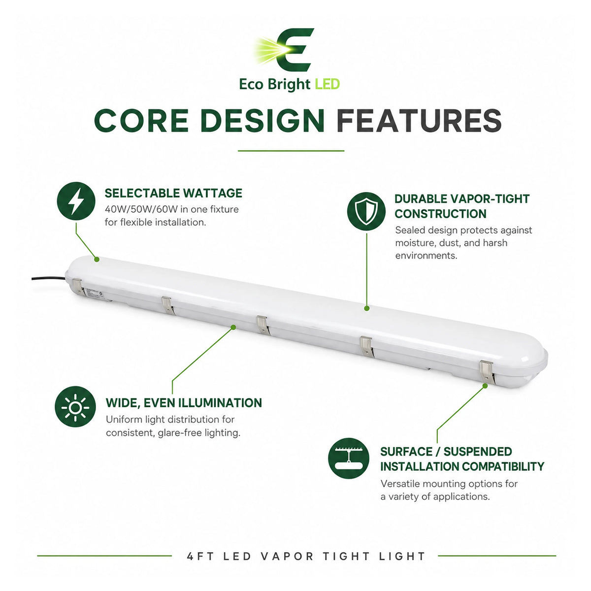 Key performance and design features of 4FT LED Vapor Tight Light 40W-60W for Car Wash for commercial lighting projects.