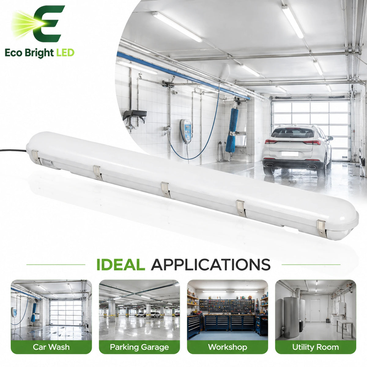4FT LED Vapor Tight Light 40W-60W for shown in recommended commercial applications for efficient, reliable illumination.