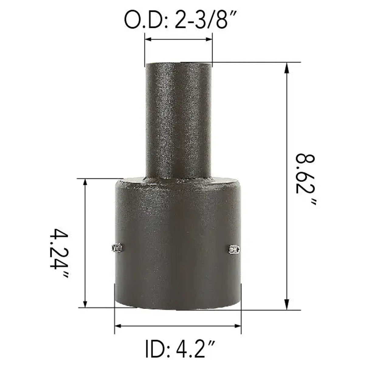 4 inch round pole tenon adapter dimensions: 4.2 in ID base, 8.62 in height, 2-3/8 in OD tenon, 4.24 in body