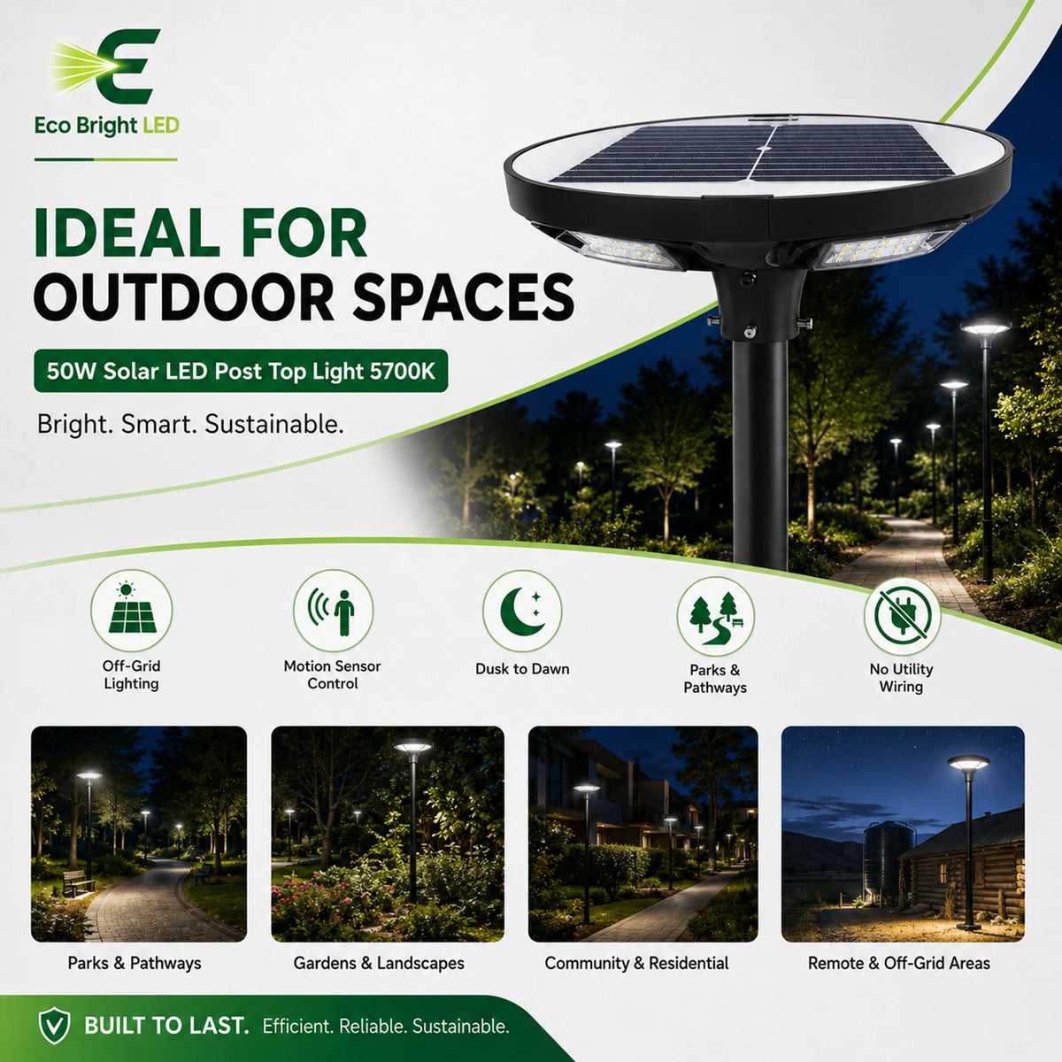 50W 5700K solar LED post top light with round solar panel for parks, pathways, and off-grid outdoor areas
