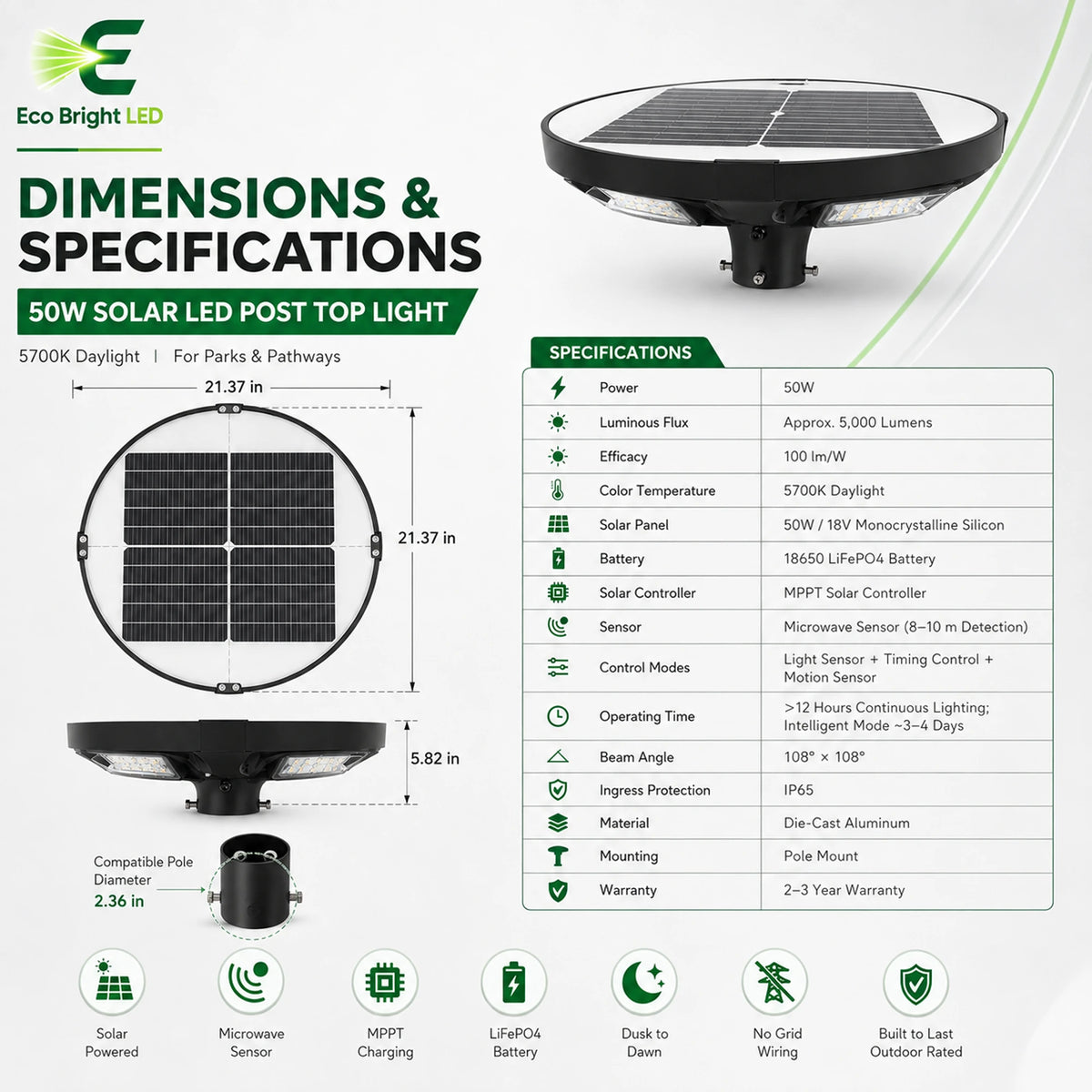 50W 5700K solar LED post top light specification graphic with round panel, pole mount, and outdoor features