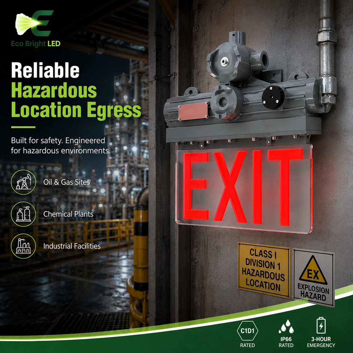 5W C1D1 Explosion Proof Exit Sign for shown in recommended commercial applications for efficient, reliable illumination.