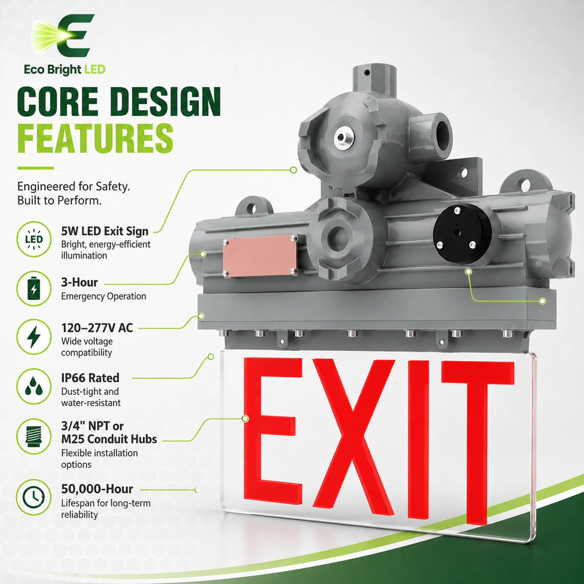 Key performance and design features of 5W C1D1 Explosion Proof Exit Sign for Oil and for commercial lighting projects.