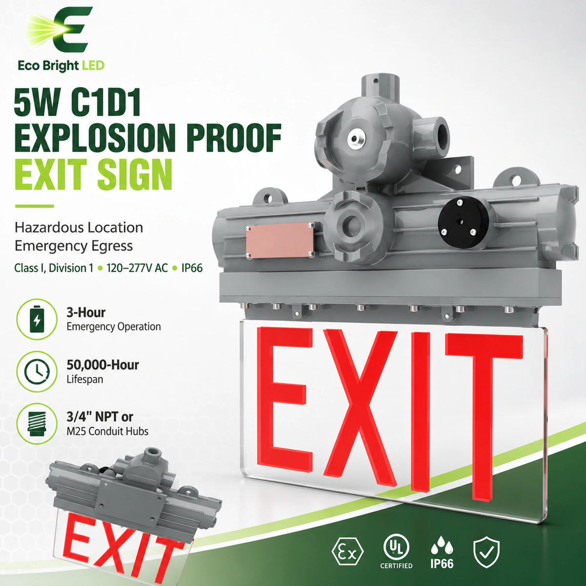 5W C1D1 Explosion Proof Exit Sign for Oil product overview with key specifications for commercial lighting applications.