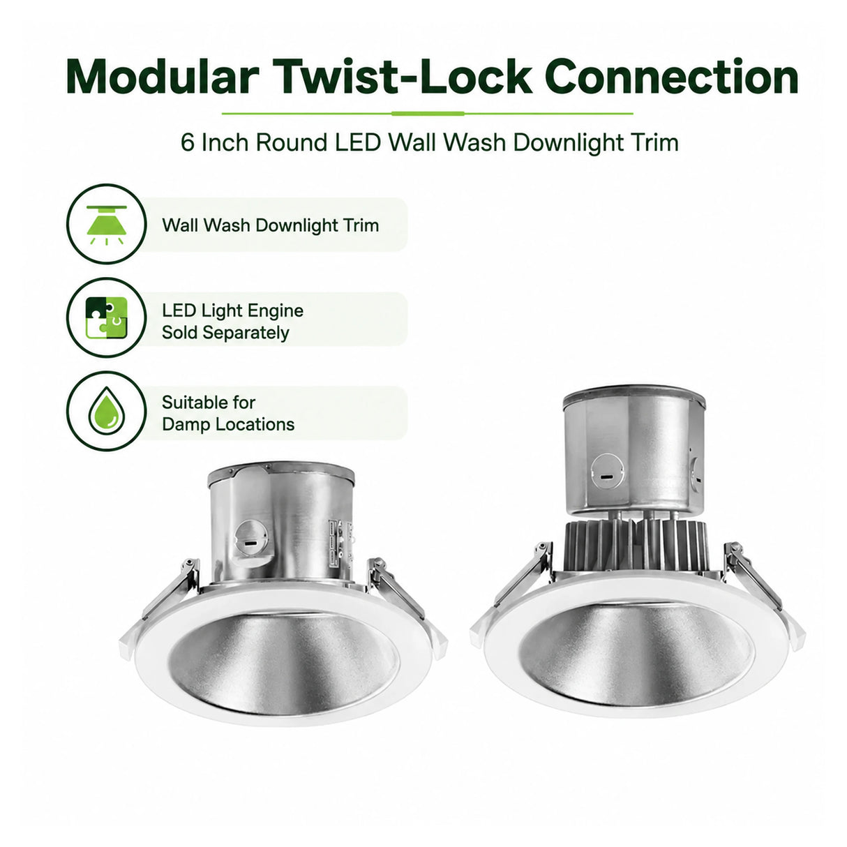 6 inch round LED wall wash downlight trim with silver reflector and modular twist-lock connection