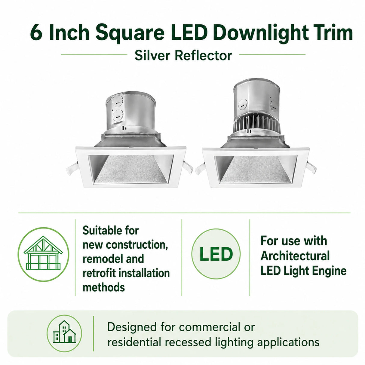 Two square aluminum LED downlight trims with silver reflectors for commercial recessed ceiling lighting