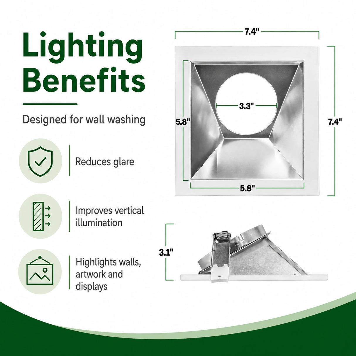 Square LED wall wash downlight trim with silver reflector, showing front and side views with dimensions