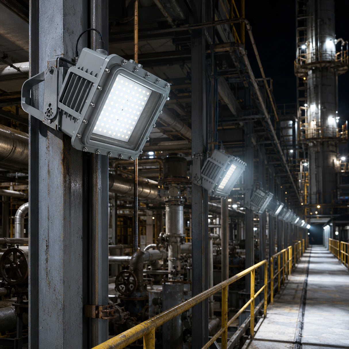 Row of 60W C1D1 square LED explosion proof flood lights delivering 8,400 lumens of 5000K illumination along a refinery walkway.