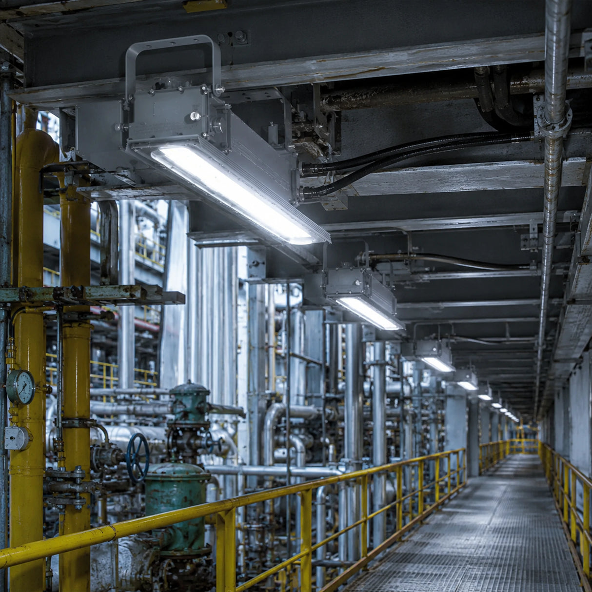 60W 8400lm 5000K 100-277V explosion-proof LED lights illuminate an industrial plant walkway