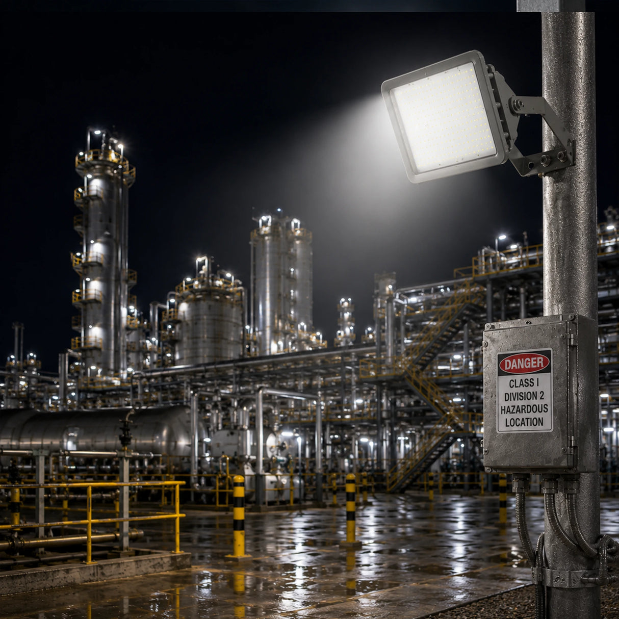 60W C1D2 square flood light illuminating a nighttime refinery work area with 4000K neutral white light.