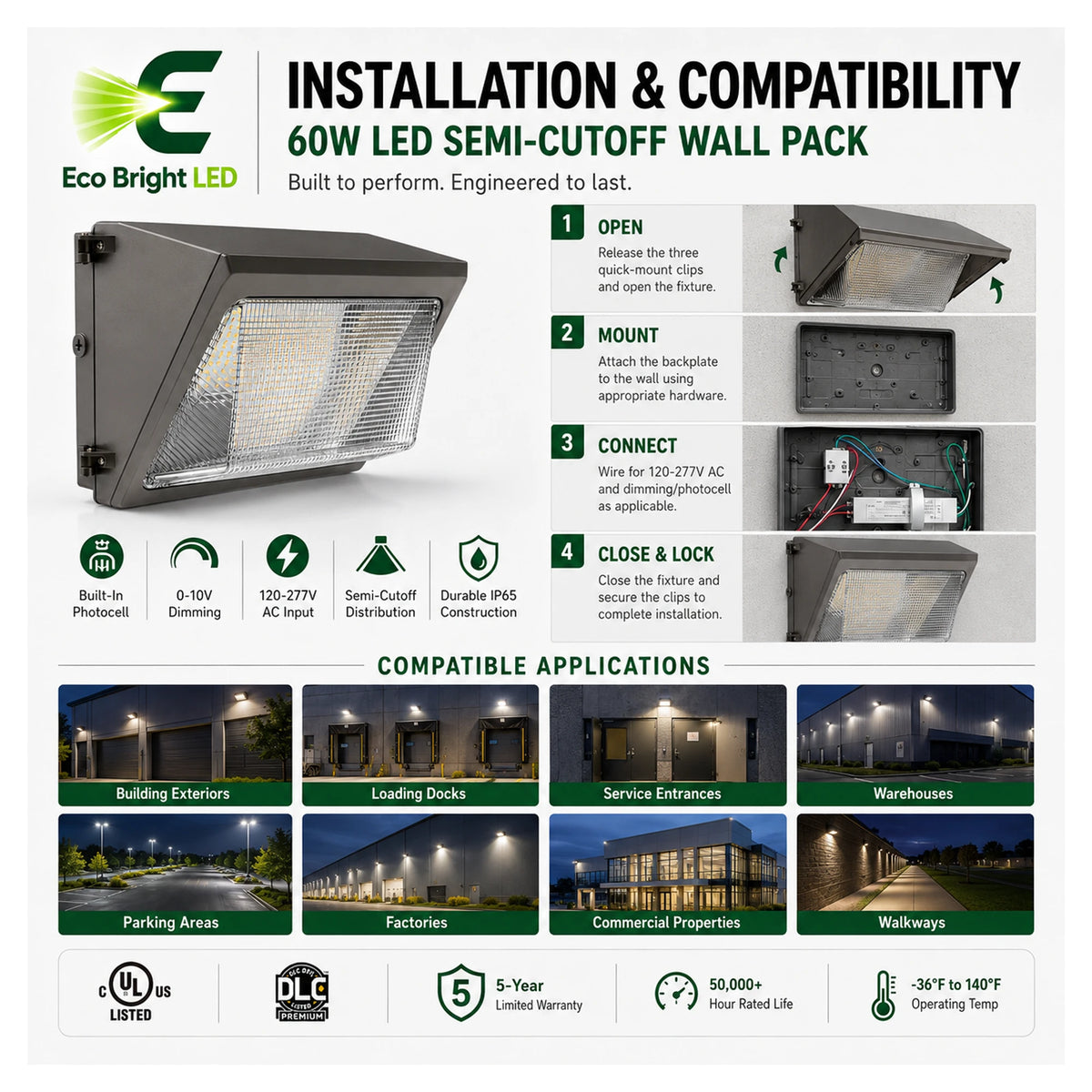 Installation and mounting details for 60W LED Semi-Cutoff Wall Pack 5000K, including compatibility and wiring guidance.