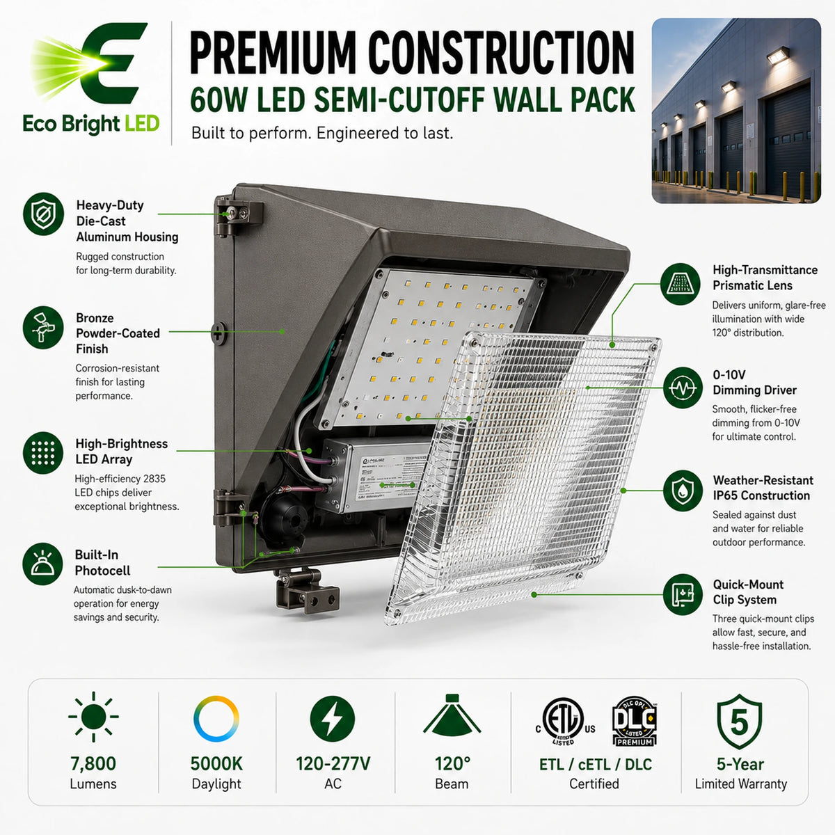 Housing, lens and construction details of 60W LED Semi-Cutoff Wall Pack 5000K for Outdoor for durable commercial use.