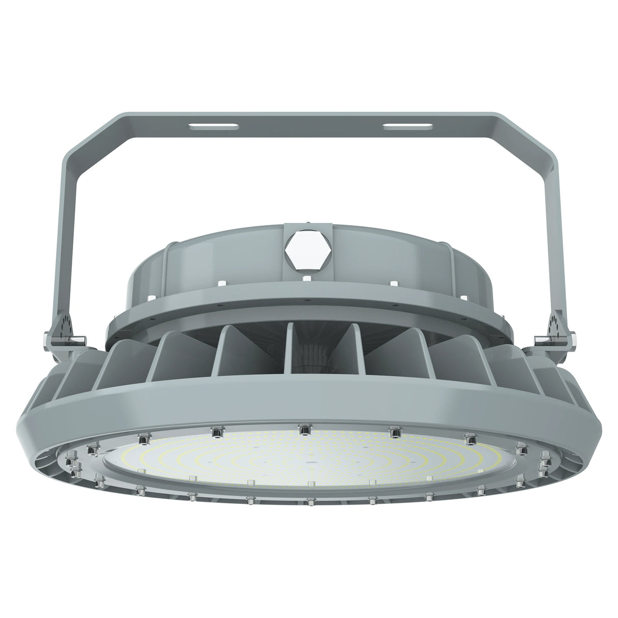 Bottom view of 400W C1D2 explosion proof LED high bay showing high-output optical lens and 65,163 lumens daylight chips.