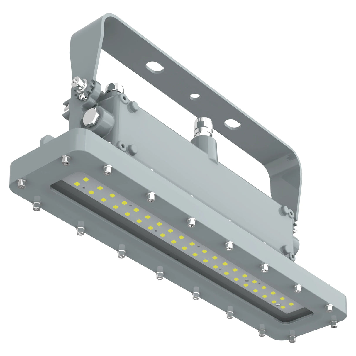 Front view of 50W C1D1 linear high bay LED light with metal safety grill and high-impact lens for industrial safety.
