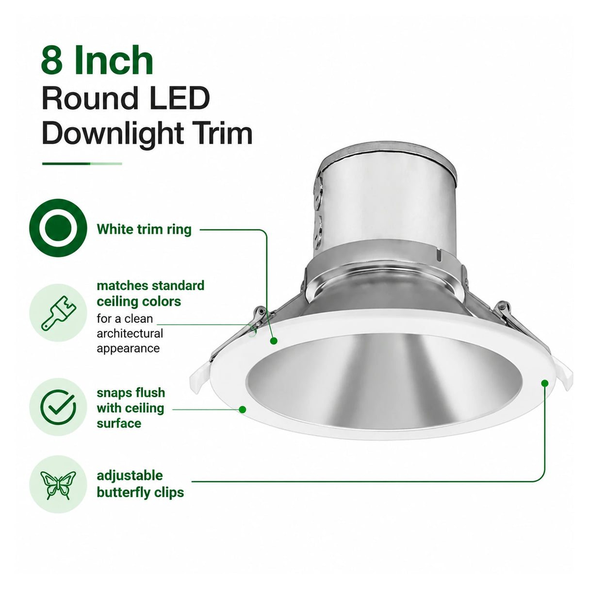 8 inch round LED downlight trim with white ring, silver reflector, and butterfly clips