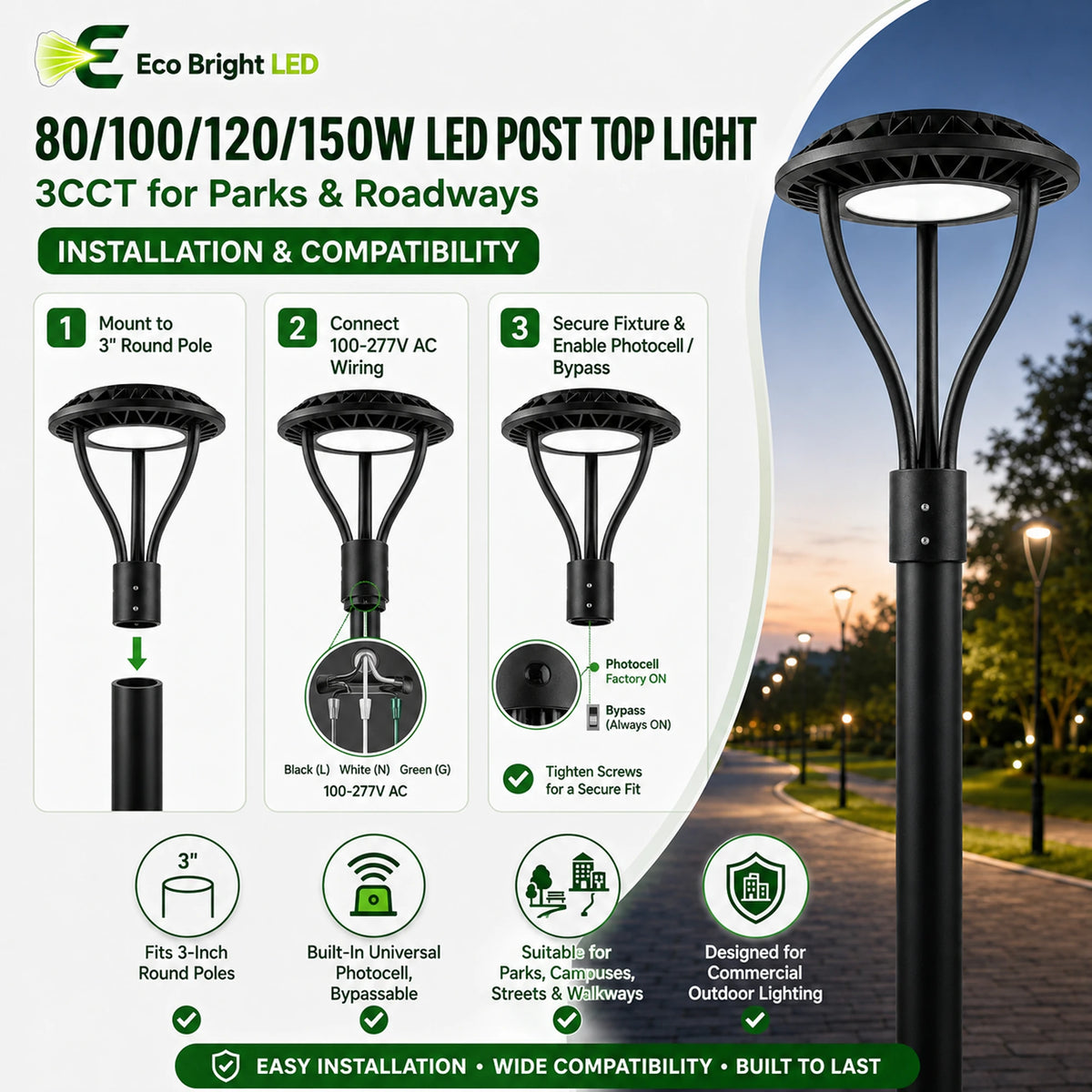 Installation and mounting details for 80/100/120/150W LED Post Top Light, including compatibility and wiring guidance.