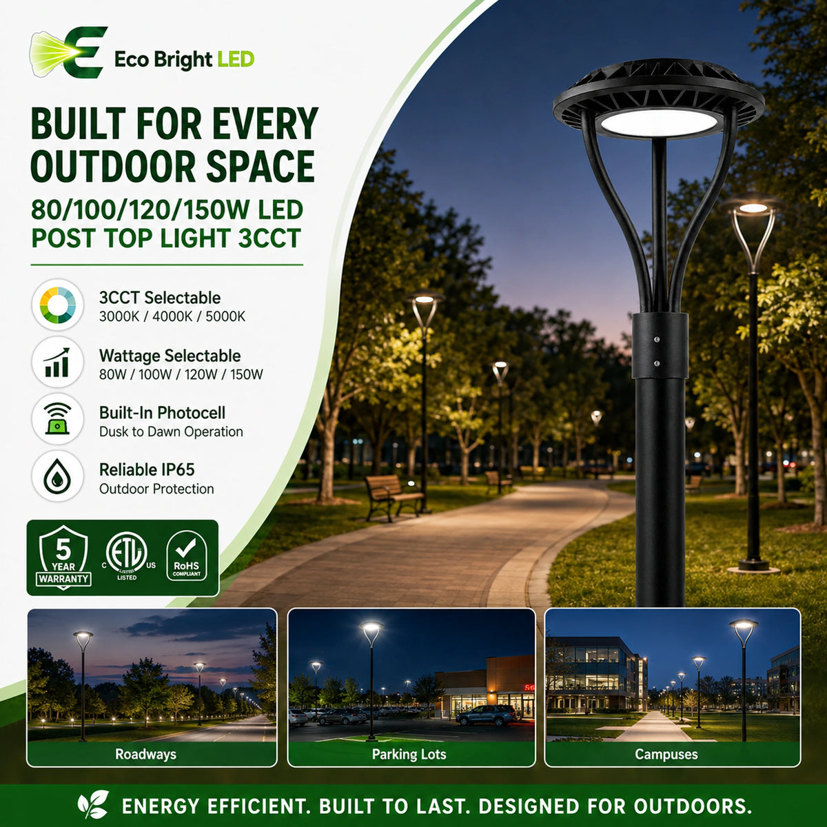 80/100/120/150W LED Post Top Light shown in recommended commercial applications for efficient, reliable illumination.