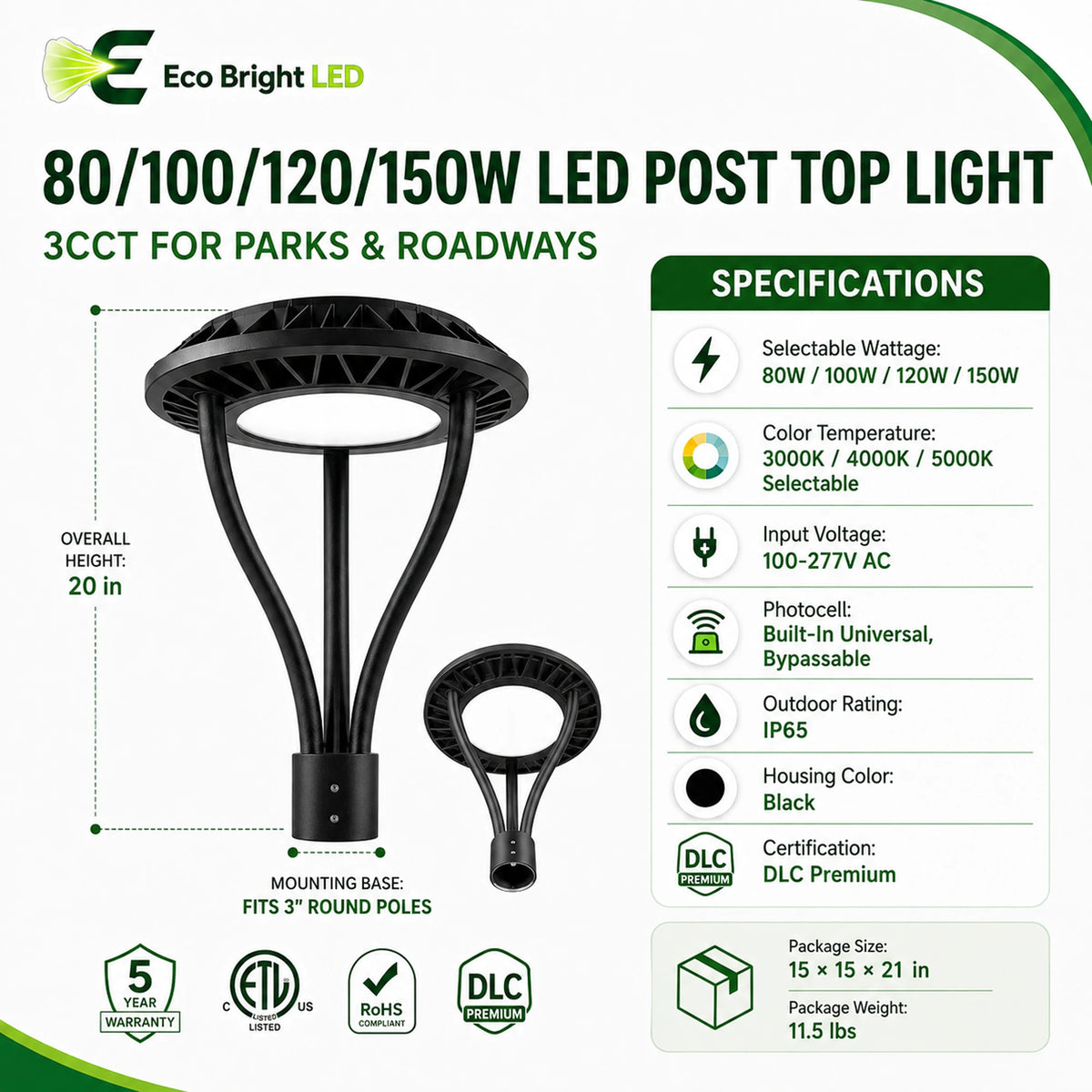 Dimensions and specifications for 80/100/120/150W LED Post Top Light 3CCT, including measurements and performance data.