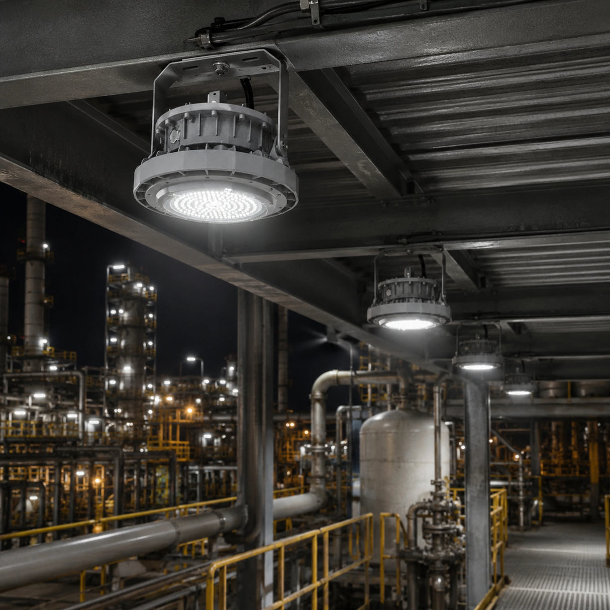 Row of 80W C1D1 round LED explosion proof high bay lights providing 4000K illumination in a refinery walkway.
