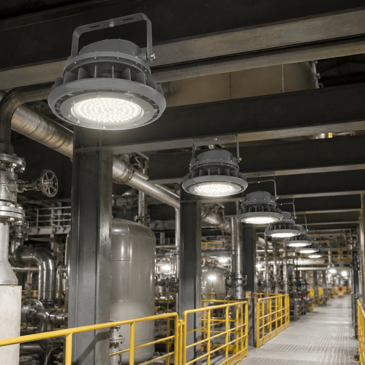 Row of 80W C1D2 round LED high bay lights providing 4000K neutral white illumination in an industrial plant.