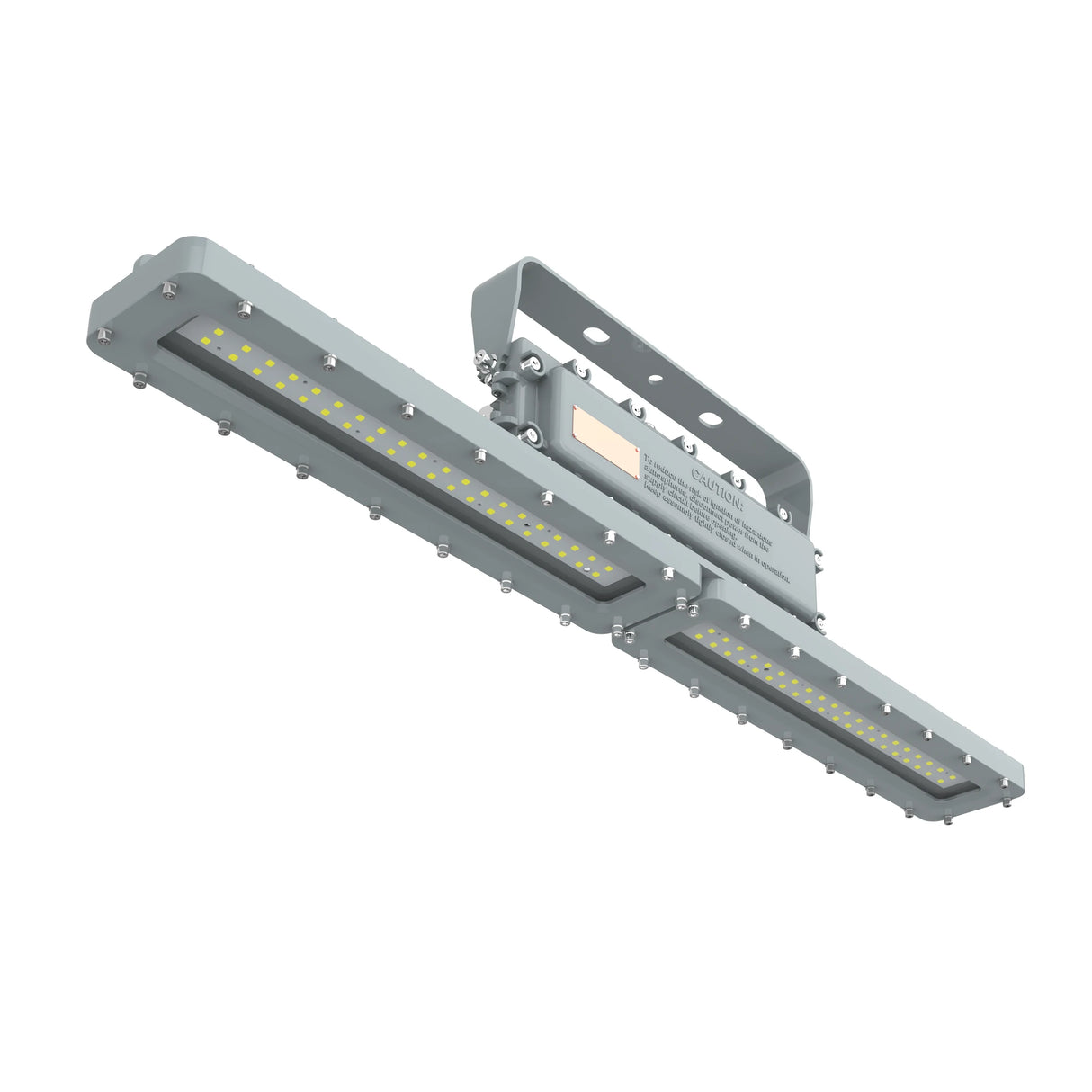 Close-up of the integrated junction box and driver compartment on an 80W Class I Div 1 LED linear high bay light.
