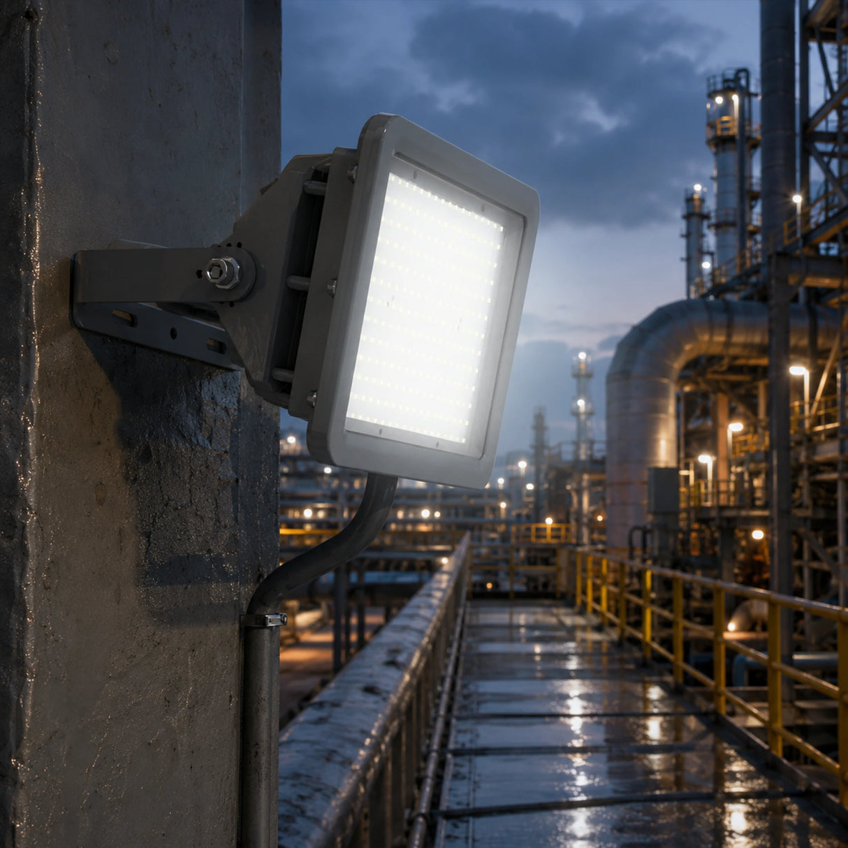 80W C1D2 square flood light illuminating a refinery walkway with 5000K daylight output.